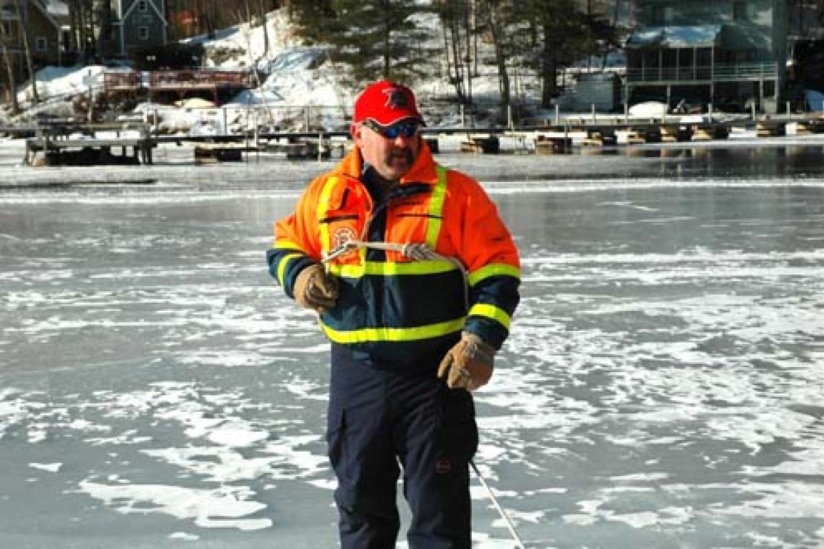 Fireman on a frozen lake