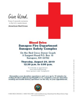Sunapee Fire Department Blood Drive Thursday August 29, 2019 12:30PM-6:00PM