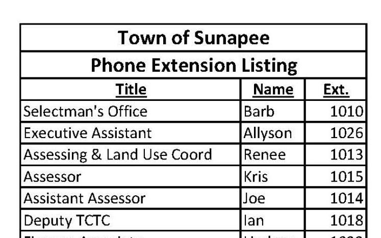 Sunapee Phone List